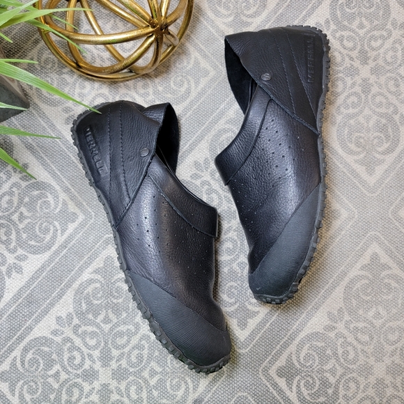 Merrell | 9.5 Improve Slides Black Leather Clog Mules Slip on collapsible heels - Picture 8 of 16